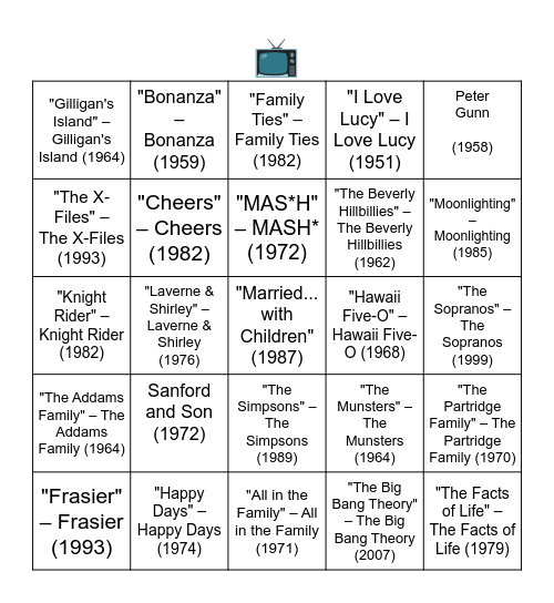 TV THEME SONGS Bingo Card