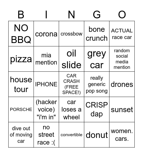 The Fate of the Furious Bingo Card