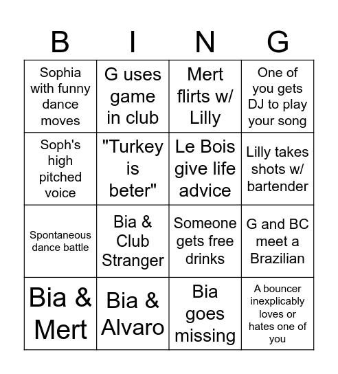 G's Sign Out Weekend Bingo Card