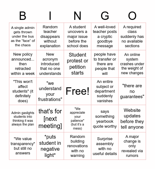 UCR Restructuring Showdown Bingo Card