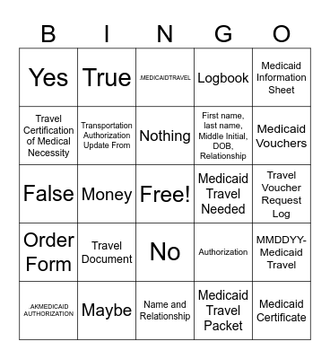 MEDICAID TRAVEL Bingo Card
