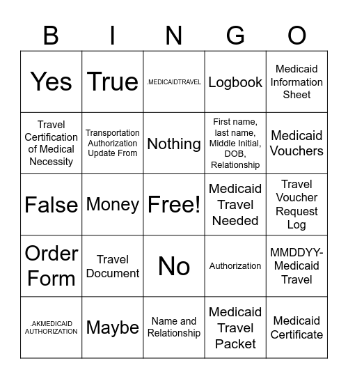 MEDICAID TRAVEL Bingo Card
