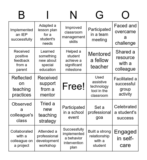 Reflective Practices Bingo Card