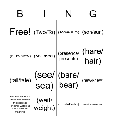 Homophone Bingo Card
