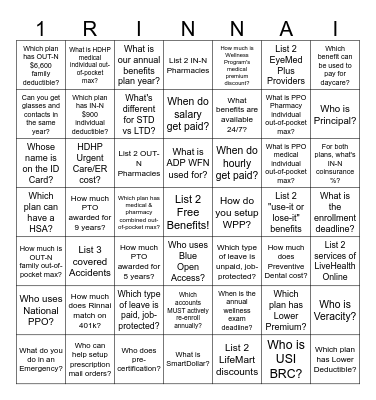 One Rinnai Benefits Bingo Card