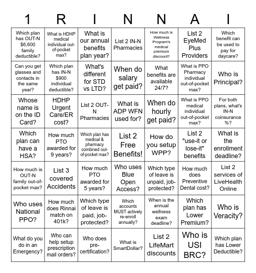 One Rinnai Benefits Bingo Card