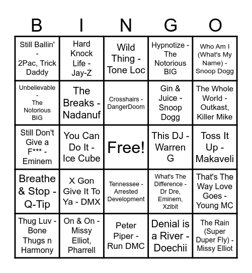 Hip Hop Music Bingo #2 Bingo Card