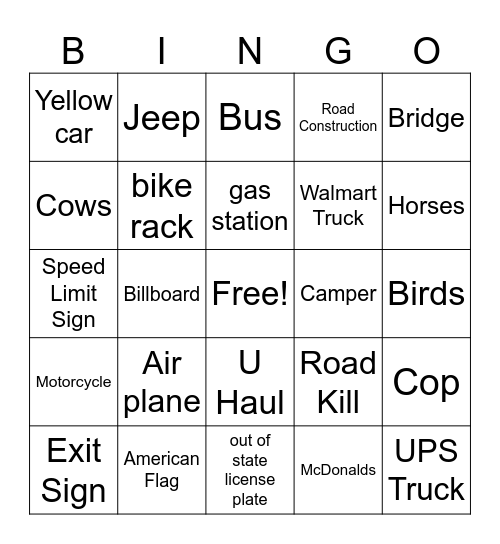 Road trip Bingo Card