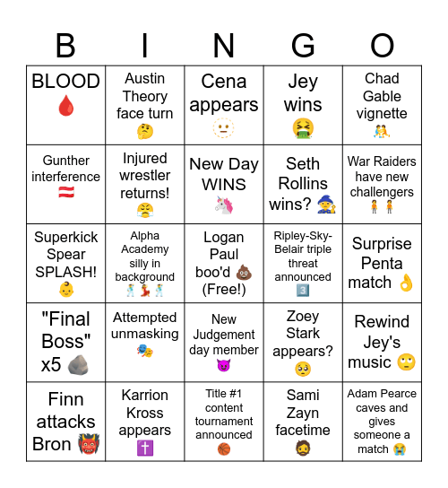 3/10/2025 RAW Bingo Card