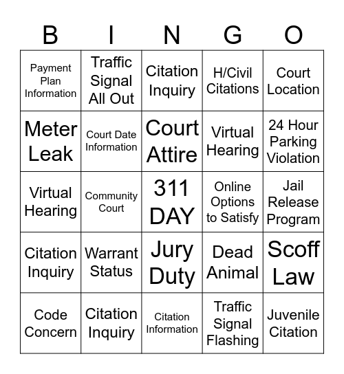 311 Bingo Card