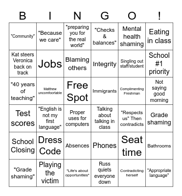 Assembly Bingo Card