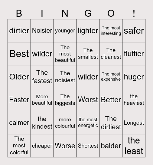 Comparatives and Superlatives Bingo Card