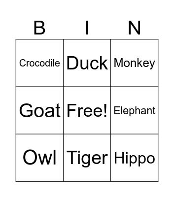 Animal sounds Bingo Card