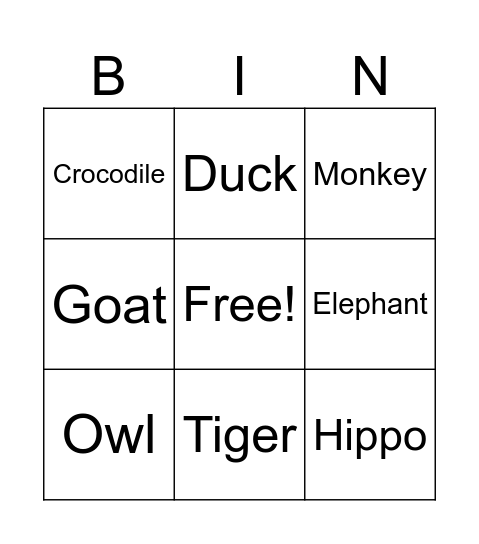 Animal sounds Bingo Card