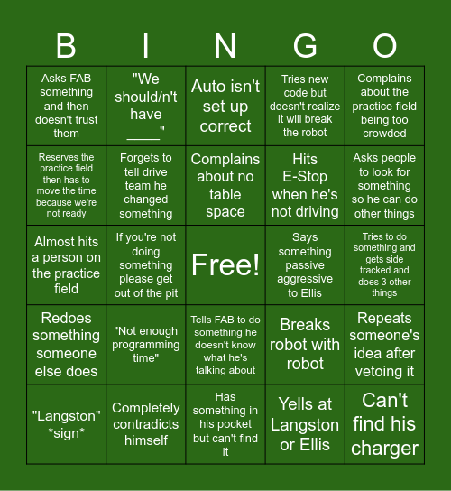 Keaton Pit Bingo Card