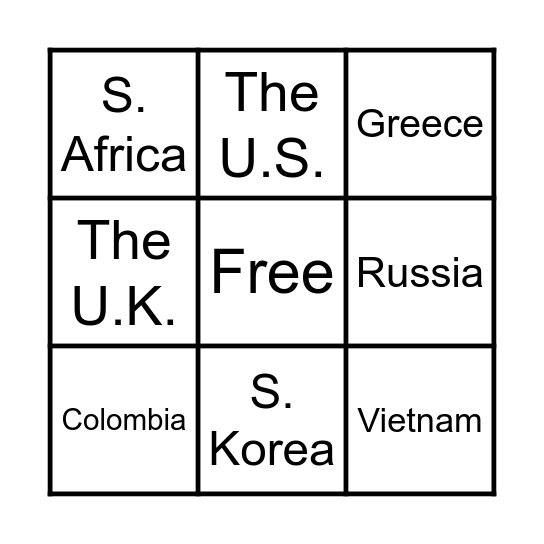 countries Bingo Card