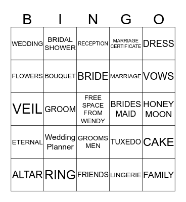 WENDY'S BRIDAL/BACHELORETTE PARTY Bingo Card