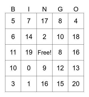 Addition within 20 Bingo Card