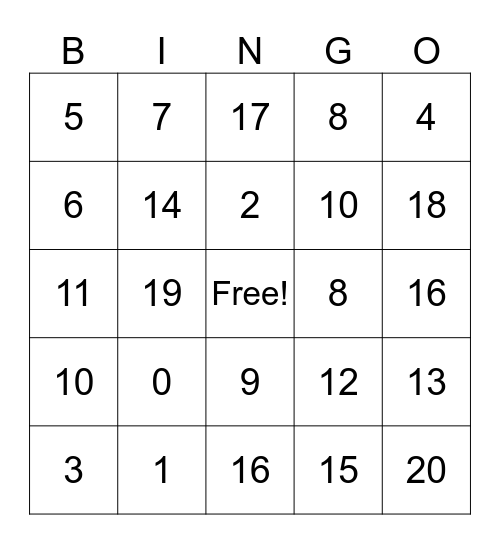 Addition within 20 Bingo Card