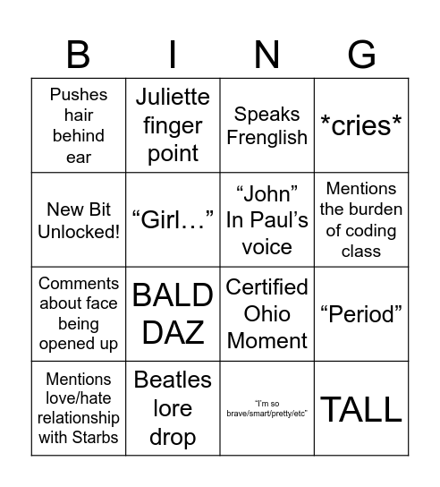 Juliette Bingo Card