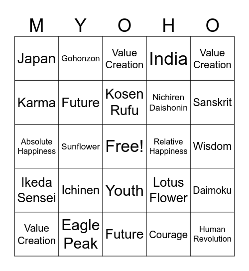 Myoho Bingo Card