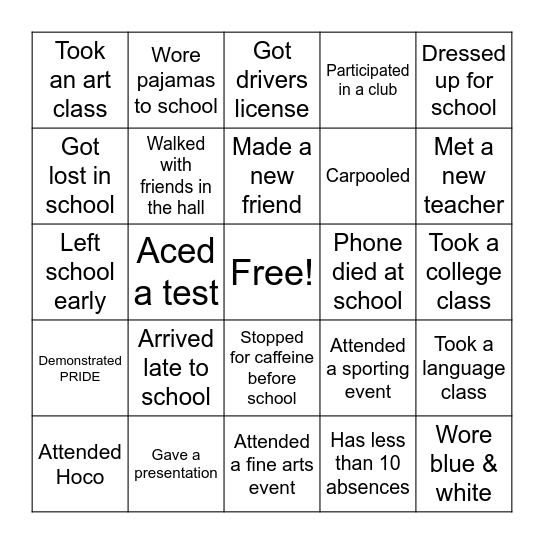 BHS Bingo Card
