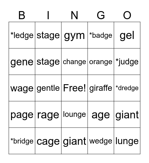Sounds of g Bingo Card