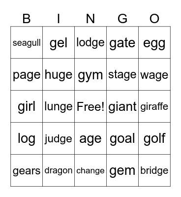 Sounds of g Bingo Card