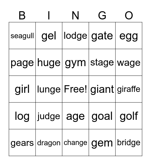 Sounds of g Bingo Card