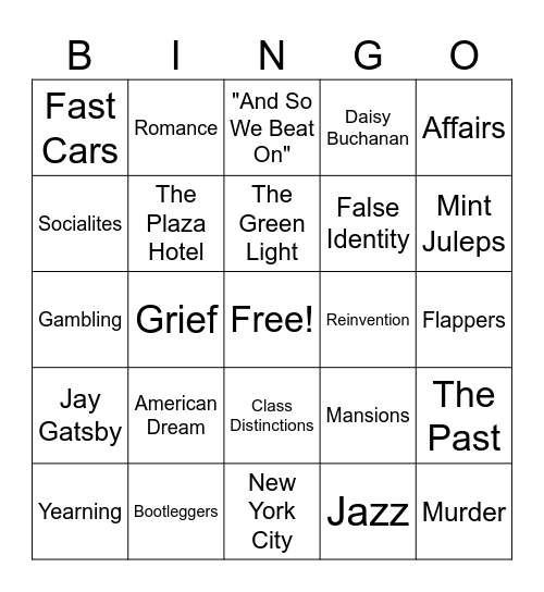 The Great Gatsby Bingo Card