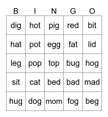 CVC Words Bingo Card