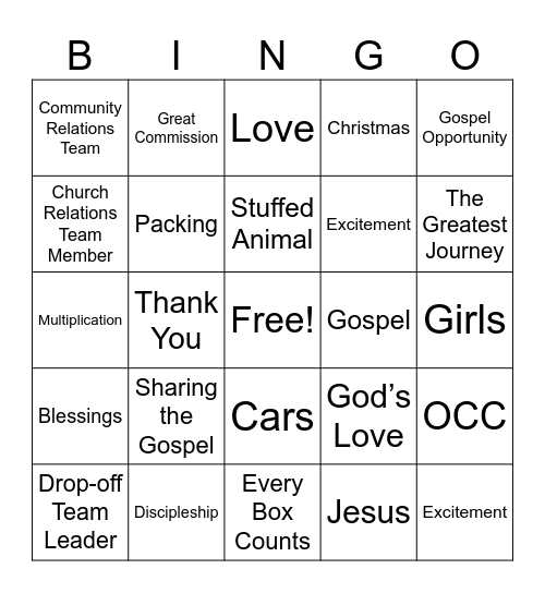 Operation Christmas Child Bingo Card