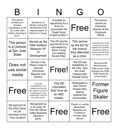YMCA Executive Operations Bingo Card
