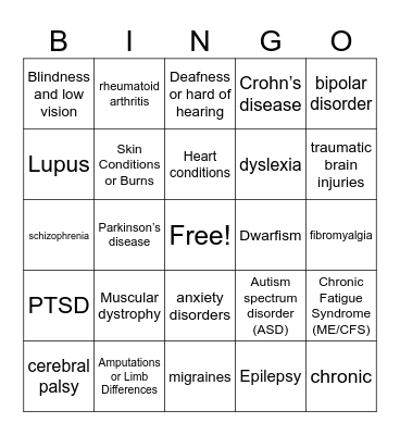 Kitsap Youth Rally- Invisible and Visible Disabilities Bingo Card