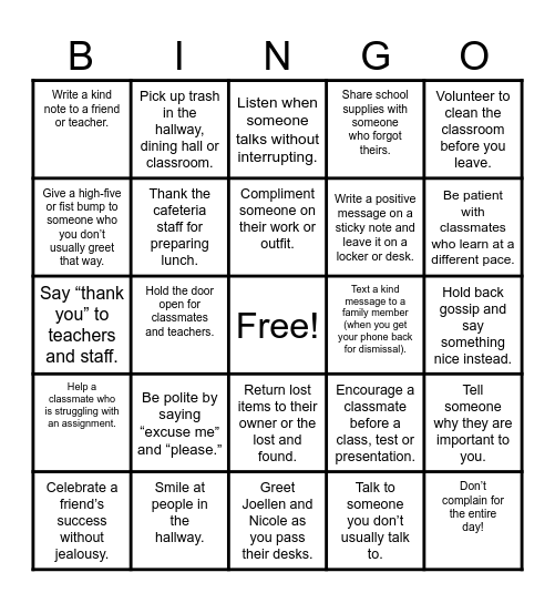 Kindness Bingo Card