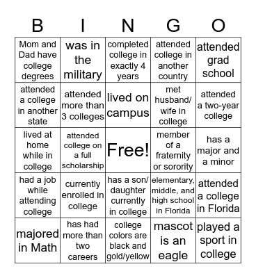 College Life! Bingo Card