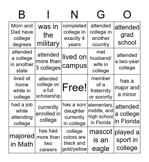 College Life! Bingo Card