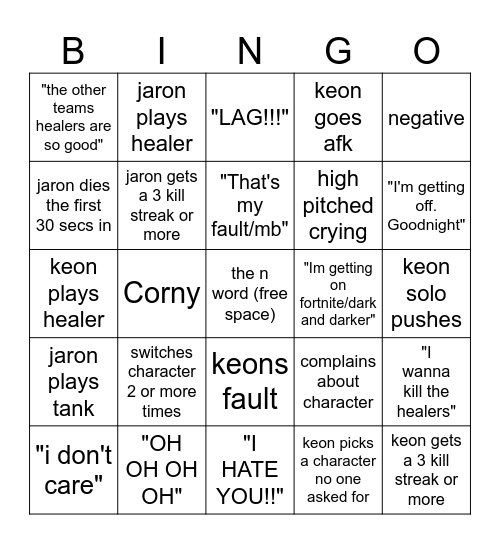jaron/keon rivals experience bingo Card