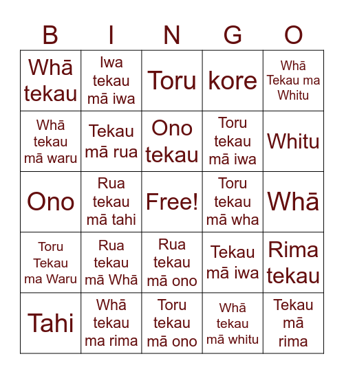 Numbers te reo KW Bingo Card