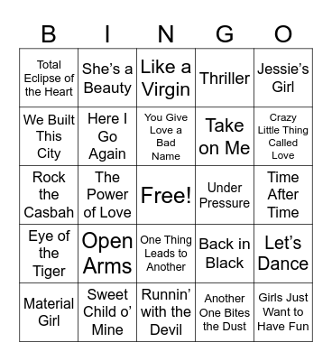 1980 Songs Bingo Card