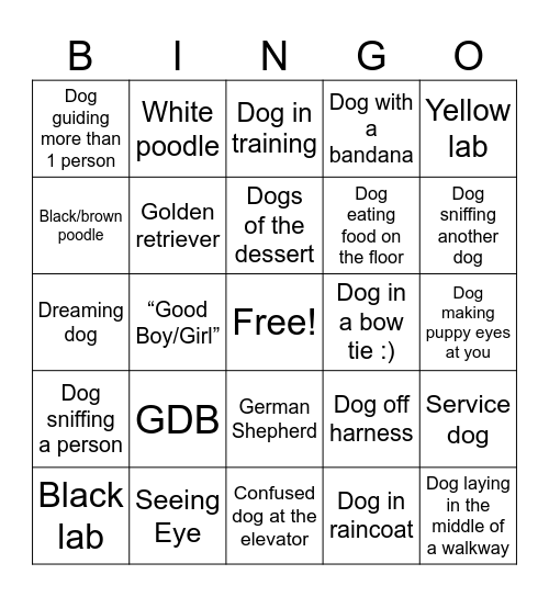 CSUN Guide Dog Bingo Card