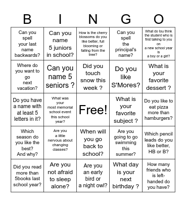 End of School Year Bingo Card