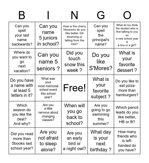 End of School Year Bingo Card