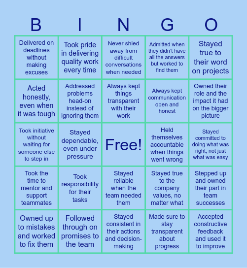 Accountability Bingo Card