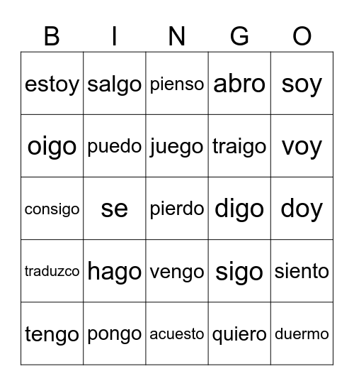 VERBOS IRREGULARES Bingo Card