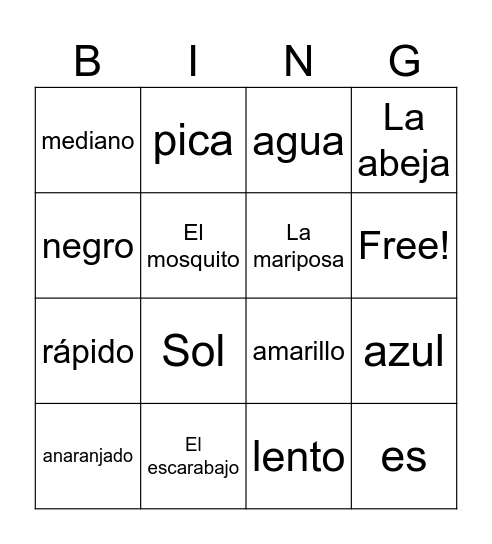 16-Los insectos y sus tamaños Bingo Card