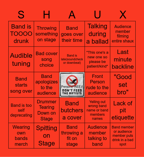 Don't Feed the Artists Shaux Pas Bingo Card