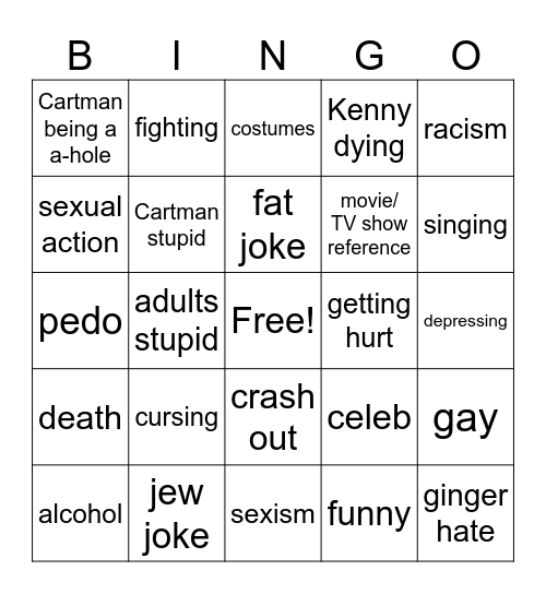South Park Bingo Card