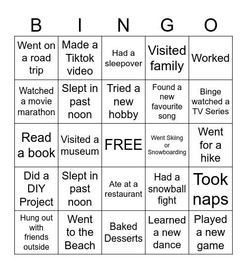 March Break Bingo Card