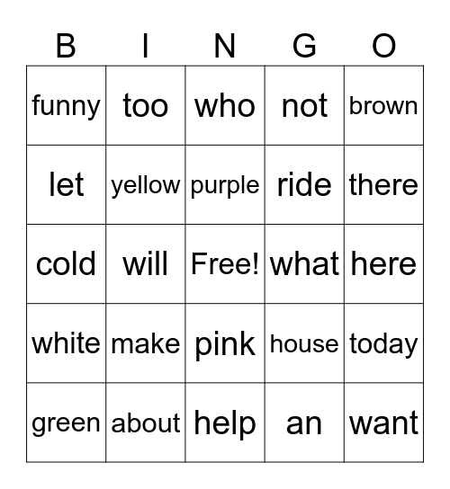 Sight Words Bingo Card